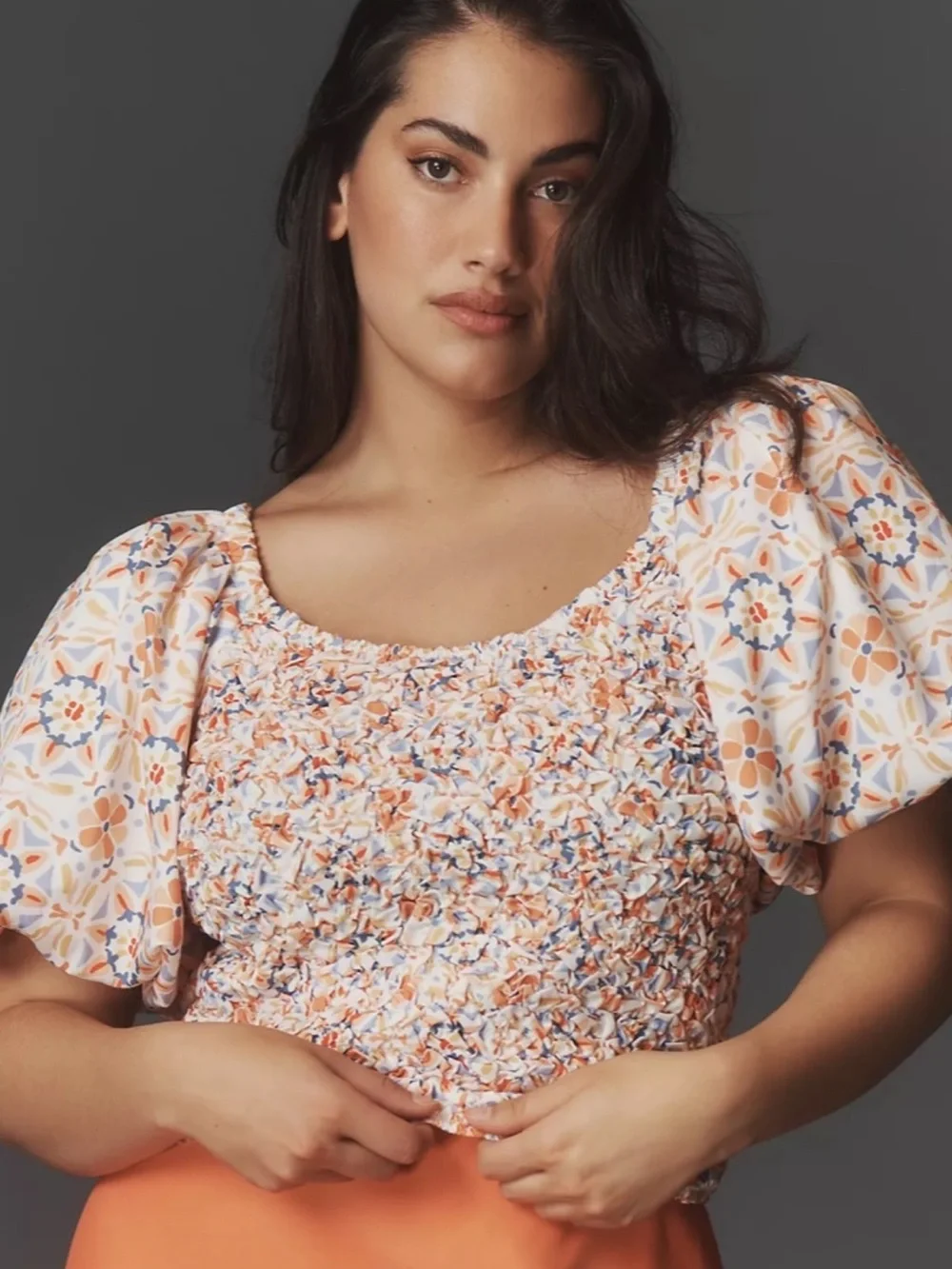 Anthropologie Dolan On or Off The Shoulder Textured Top M Orange Motif smocked